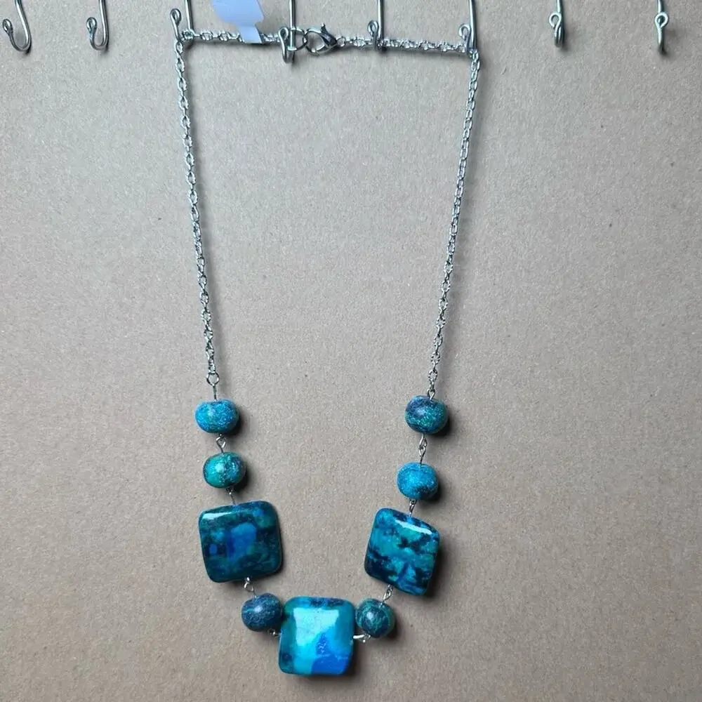 Chrysocolla necklace square and round beats handmade one of a kind gemstone